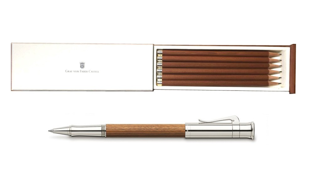 SET GRAF VON FABER-CASTELL ROLLER CLASSIC PERNAMBUCO PLATINUM PLATED CON MATITE IN LEGNO