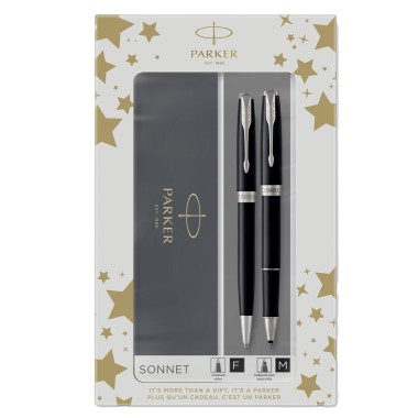 PARKER GIF SET DUO SONNET BLACK CT ROLLERBALL AND BALLPOINT PEN