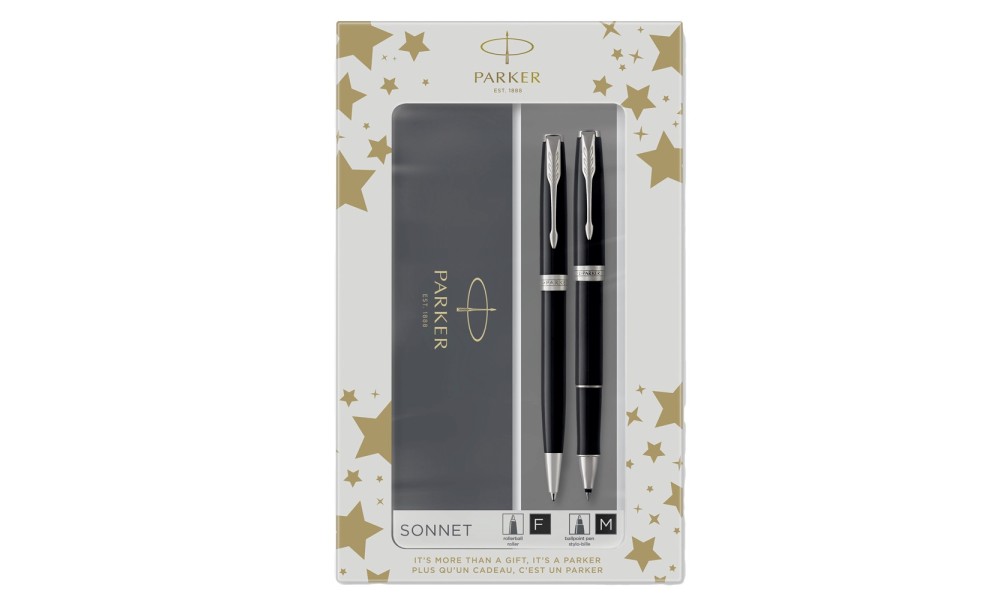 PARKER GIF SET DUO SONNET BLACK CT ROLLERBALL AND BALLPOINT PEN